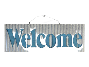 Wavy Waffle Tin with Blue Burlap Welcome Sign 19 Inch Wall Decor