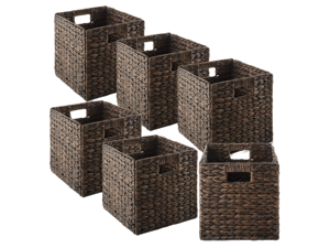 Casafield 10.5" x 10.5" Water Hyacinth Storage Baskets, Espresso - Set of 6 Collapsible Cube Organizers, Woven Bins for Bathroom, Bedroom, Laundry, Pantry, Shelves