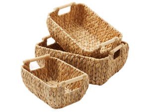 Casafield Set of 3 Water Hyacinth Oval Storage Baskets with Wooden Handles - Small, Medium, Large - Woven Nesting Basket Organizers
