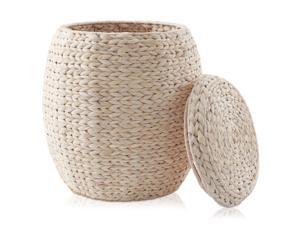 Casafield Round Storage Basket with Lid - Whitewash, Handwoven Water Hyacinth Organizer for Laundry, Blankets, Plants, Bedroom, Living Room, Home Office