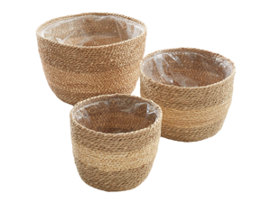 Casafield Set of 3 Seagrass Planter Baskets with Liners - Two-Tone, Hand Woven Indoor Flower Pot Covers for Plants, Succulents, Home Decor