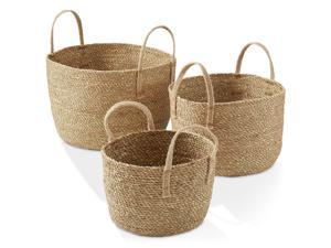 Casafield Set of 3 Braided Seagrass Baskets with Jute Handles - Natural, Woven Storage Basket Planters, Boho Decor for Entryway, Living Room, Bedroom