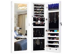 Wall Mounted Mirrored Jewelry Cabinet Armoire Organizer Lockable w/ LED Lights