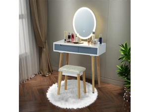 Costway Vanity Makeup Table Touch Screen 3 Lighting Modes Dressing Table Stool Set Gray