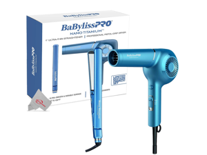 BaByliss PRO Nano Titanium 1" Ultra-Thin Straightener & Professional Pistol-Grip Hair Dryer (Blue)