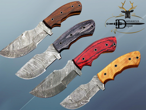 10" Long hand forged twist pattern full tang hand forged Damascus steel tracker knife, dollar wood with holes scale, Cow hide leather sheath