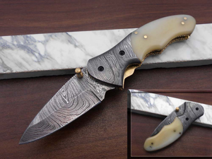 7"long Damascus steel Folding Knife with camel bone scale custom made 3" Hand Forged blade cow hide leather sheath