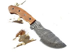 10"Long tracker knife hand forged twist pattern full tang Damascus steel, Natural Rose wood with pipe hole scale, Cow hide leather sheath
