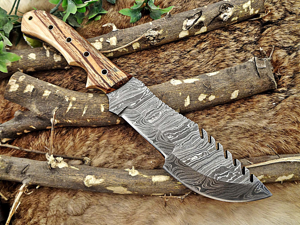 13" Long hand forged twist pattern full tang Damascus steel tracker knife, Exotic kao wood with holes scale, Cow leather sheath