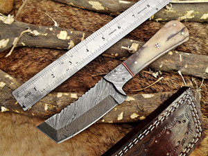 8" Long hand forged Damascus steel full tang Tanto blade custom made hunting Knife, Grey bone with Damascus Bolster, Cow leather sheath