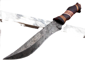 13" Long hand forged Damascus steel skinning knife, Engraved Rose wood scale crafted with engraved brass & Camel bone spacer hunting knife, Cow Leather sheath with belt loop
