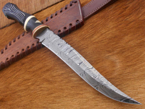 13" Long hand forged Damascus steel skinning knife, Engraved Bull horn crafted with engraved brass spacer and Camel bone scale hunting knife, Cow Leather sheath with belt loop