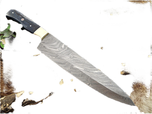 Damascus Steel kitchen Knife 14 Inches full tang 9" long Hand Forged blade, Blue Colored camel bone and brass bolster scale
