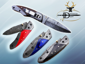8" long Damascus steel custom made Folding Knife with pocket clip & Thumb knob, Available in Various colors scale with Bolster, 3.5" blade, Cow hide leather sheath included