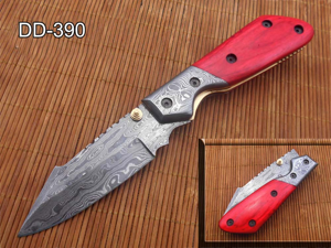 8.3" long hand forged custom made Damascus steel pocket clip folding knife, Various scale Colors available with Damascus Bolster, 4" long blade, Cow hide leather sheath with belt loop