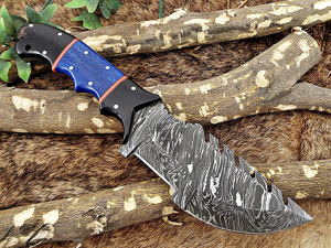 Damascus Steel 10" Long Full Tang Blade Tracker Knife, Hand Forged Twist Pattern Damascus Steel Blade, Colored Bone & Bull Horn Scale, Thick Cow Hide Leather Sheath Included