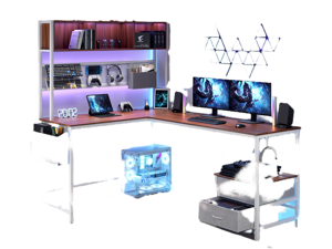 Dowinx L Shaped Gaming Desk with Led Light and Pegboard 94.5 Inch Computer Corner Desk or 2 Person Long Table with Shelves Monitor Stand and Filing Cabinet for Home Office Brown with Drawer