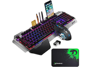 Wireless Gaming Keyboard and Mouse with Rainbow Backlit Rechargeable Metal Panel Mechanical Feel Ergonomic Keyboard and Mouse for Laptop PC Gamer