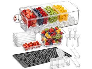 Ice Chilled Condiment Caddy with Drain Plug, 5 Containers with Lids, 85 oz Ice Capacity, 11 Pcs Complete Garnish Tray Condiment Server Set with Drainer Mat Cutlery Holder for Taco Bar Party Ice Chilled Condiment Caddy with Drain Plug, 5 Containers with Lids, 85 oz Ice Capacity, 11 Pcs Complete Garnish Tray Condiment Server Set with Drainer Mat Cutlery Holder for Taco Bar Party