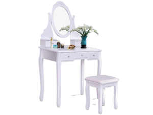 SlickBlue Wooden Vanity Set with 360Â° Rotating Oval Mirror and Cushioned Stool
