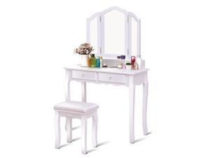 SlickBlue Tri Folding Mirror Vanity Table Stool Set with 4 Drawers and Cushioned Stool
