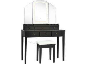 SlickBlue Vanity Table Stool Set with Large Tri-folding Lighted Mirror-Black