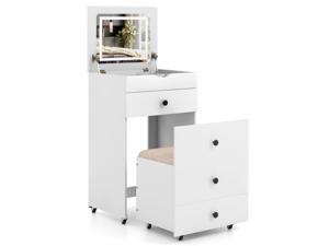SlickBlue 3-in-1 Vanity Set with Cushioned Stool and Flip-up Mirror-White
