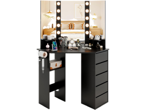 SlickBlue Corner Vanity Desk with 3-Color LED Lighted Mirror and Power Outlet