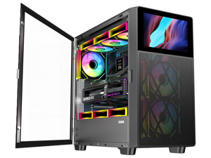SAMA V-play ATX Mid Tower High-end Gaming Computer PC Case With 8-inch LCD Display, Tempered Glass Side Panels, Supports Multiple Cooling Configurations Black