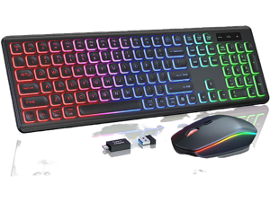 Wireless Keyboard and Mouse Combo - RGB Backlit, Rechargeable & Light Up Letters, Full-Size, Ergonomic Tilt Angle, Sleep Mode, 2.4GHz Quiet Keyboard Mouse for Mac, Windows, Laptop, PC - BLACK
