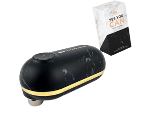 Kitchen Mama Mini Battery-Operated Can Opener: Open Your Cans with A Simple Push of Button - No Sharp Edge, Food-Safe and Mini-sized (Marble Black/Gold)