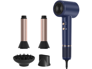 PARWIN PRO BEAUTY Air-Sonic Hair Dryer with Diffuser, HD-LED Display & 110, 000 RPM High Speed Ionic Blow Dryer, 1 1/4 Inch Left & Right Air Auto-Wrap Curlers, Prussian Blue Professional Version