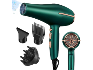 2000 Watt Negative Ionic Hair Dryer, Professional Salon Blow Dryer, Low Noise Fast Drying & Powerful AC Motor and Diffuser Comb for Men Women,3 Heat & 2 Speed Settings, Easy to Use- Green