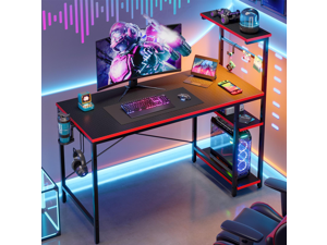 Bestier 44" Rectangular Gaming Desk with RGB LED Lights and Adjustable Storage Shelves, Carbon Fiber Black Finish, with Foldable Cup Holder and Headphone Hook, Easy Assembly