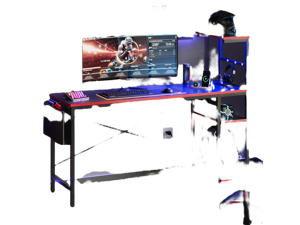 Bestier 61.3 Inch Gaming Desk, 4 Tier Shelf Computer Desk with USB Socket, LED Lighting, Side Storage Bag and Accessories Hanger for Gaming and Working, Carbon Fiber Black/Red