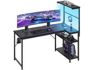 RSPGAME 51 inch L-Shaped Gaming Desk with Built-in Charging Port, RGB LED Light Strip, Reversible Side Shelves, Height Adjustable Rack, Headphone Hook & Cup Holder for Home Office RSPGAME 51 inch L-Shaped Gaming Desk with Built-in Charging Port, RGB LED Light Strip, Reversible Side Shelves, Height Adjustable Rack, Headphone Hook & Cup Holder for Home Office