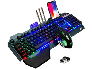 Wireless gaming Keyboard and Mouse,Rainbow Backlit Rechargeable Keyboard Mouse with 3800mAh Battery Metal Panel,Removable Hand Rest Mechanical Feel Keyboard and 7 Color Gaming Mute Mouse for PC Gamers