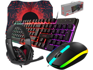 Wired Gaming Keyboard and Mouse Headset Combo,Rainbow LED Backlit Wired Keyboard,Over Ear Headphone with Mic,Rainbow Backlit Gaming Mice,Mouse Pad,for PC,Laptop,Mac,PS4,Xbox(Black)