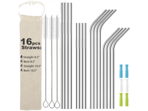16 Pack Reusable Stainless Steel Metal Straws for Tumblers, 8pcs 8.5" + 8pcs10.5", Comes with 6 Silicone Tips, 3 Cleaning Brushes & Storage Pouch, BPA Free Drinking Straws 16 Pack Reusable Stainless Steel Metal Straws for Tumblers, 8pcs 8.5" + 8pcs10.5", Comes with 6 Silicone Tips, 3 Cleaning Brushes & Storage Pouch, BPA Free Drinking Straws