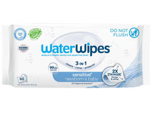 WaterWipes Sensitive+ Newborn & Baby Wipes, 3-In-1 Cleans, Cares, Protects, 99.9% Water, Unscented & Hypoallergenic, 60 Count WaterWipes Sensitive+ Newborn & Baby Wipes, 3-In-1 Cleans, Cares, Protects, 99.9% Water, Unscented & Hypoallergenic, 60 Count