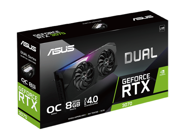 ASUS Dual NVIDIA GeForce RTX 3070 V2 OC Edition Gaming Graphics Card (PCIe 4.0, 8GB GDDR6, LHR, HDMI 2.1, DisplayPort 1.4a, Axial-tech Fan Design, Dual BIOS, Protective Backplate)