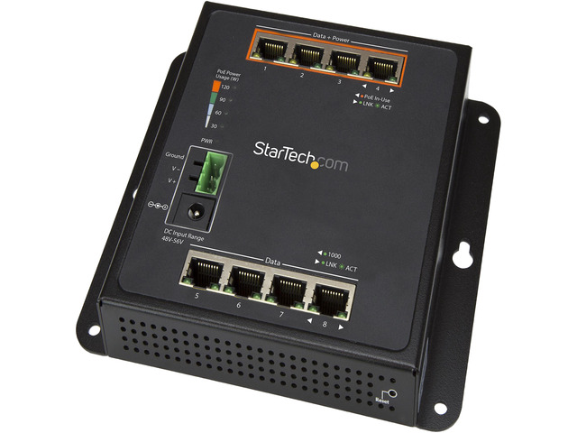 StarTech.com Industrial 8 Port Gigabit PoE Switch - 4 x PoE+ 30W - Power Over Ethernet GbE Layer/L2 Managed Network Switch -40C to +75C