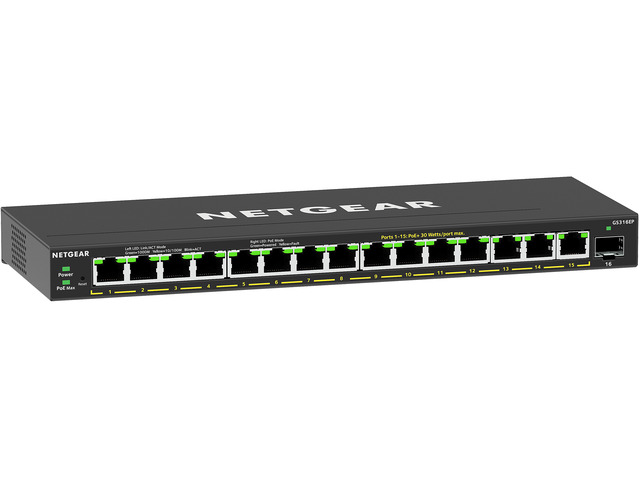 Netgear GS316EP 16-Port PoE+ Gigabit Ethernet Plus Switch 180W with 1 SFP Port, GS316EP-100NAS