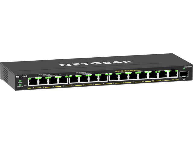 NETGEAR 16-Port High-Power PoE+ Gigabit Ethernet Plus Switch (231W) with 1 SFP Port | GS316EPP