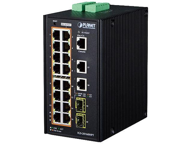 Planet IGS-20160HPT Industrial 16-Port 10/100/1000T 802.3at PoE + 2-Port 10/100/1000T + 2-Port 100/1000X SFP Managed Switch (-40 - 75 degrees C)