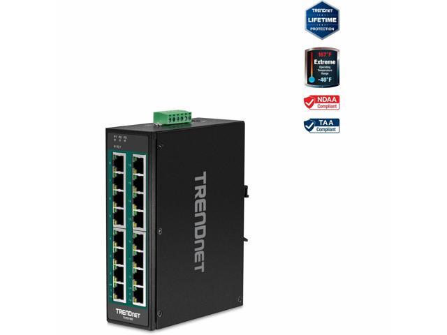 TRENDnet 16-Port Hardened Industrial Unmanaged Gigabit 10/100/1000Mbps DIN-Rail Switch w/ 16 Gigabit PoE+ Ports, Lifetime Protection, TI-PG160