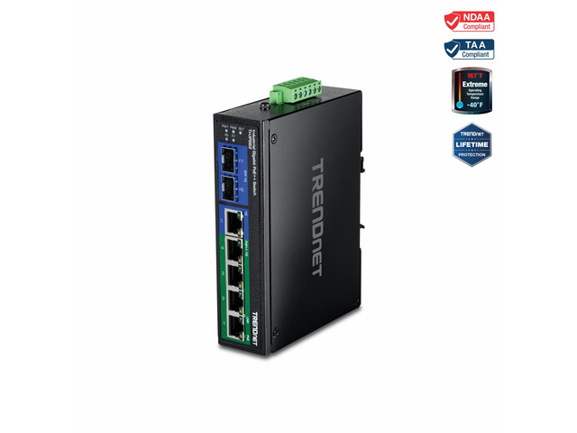 TRENDnet 7-Port Industrial Gigabit PoE++ DIN-Rail Switch, TI-UPG62, 240W Power  Budget, 14Gbps Switching Capacity, IP50 Rated Housing, NDAA & TAA Compliant,  Lifetime Manufacturer Protection