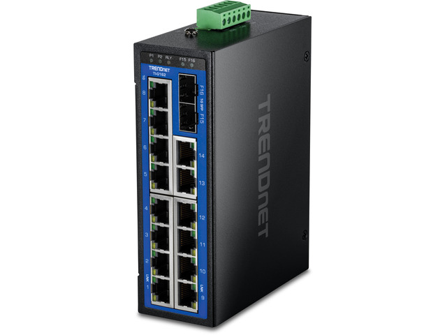 TRENDnet 16-Port Industrial Gigabit DIN-Rail Switch, TIG162, 2 x Gigabit SFP Ports, 32Gbps   Switching Capacity, Rugged IP50 Rated Housing, NDAA & TAA Compliant, Lifetime   Protection