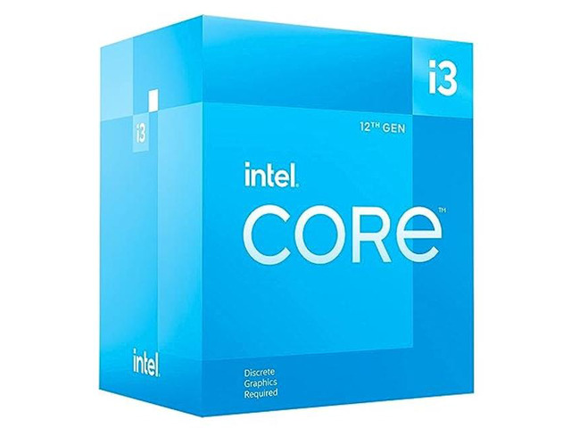 Intel(r) Core(tm) 12th Gen i3-12100F desktop processor, featuring PCIe Gen 5.0 & 4.0 support, DDR5 and DDR4 support. Discrete graphics required.