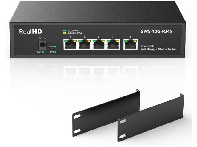 5 Port 10Gb RJ45 Web Managed Ethernet Network Switch, 5 x 10 Gigabit Base-T Port | 10Gbps Multi-Gig Swicth Support 5G-2.5G-1G-100M | 19 Inch Rack Mount | 100G Bandwidth | Metal Casing | Built-in Fan
